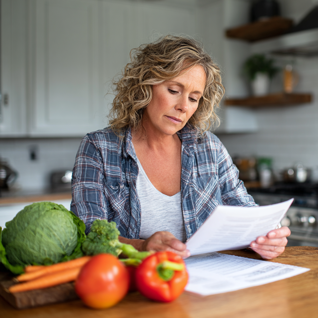 Middle-aged woman reviewing healthy meal plan at kitchen table