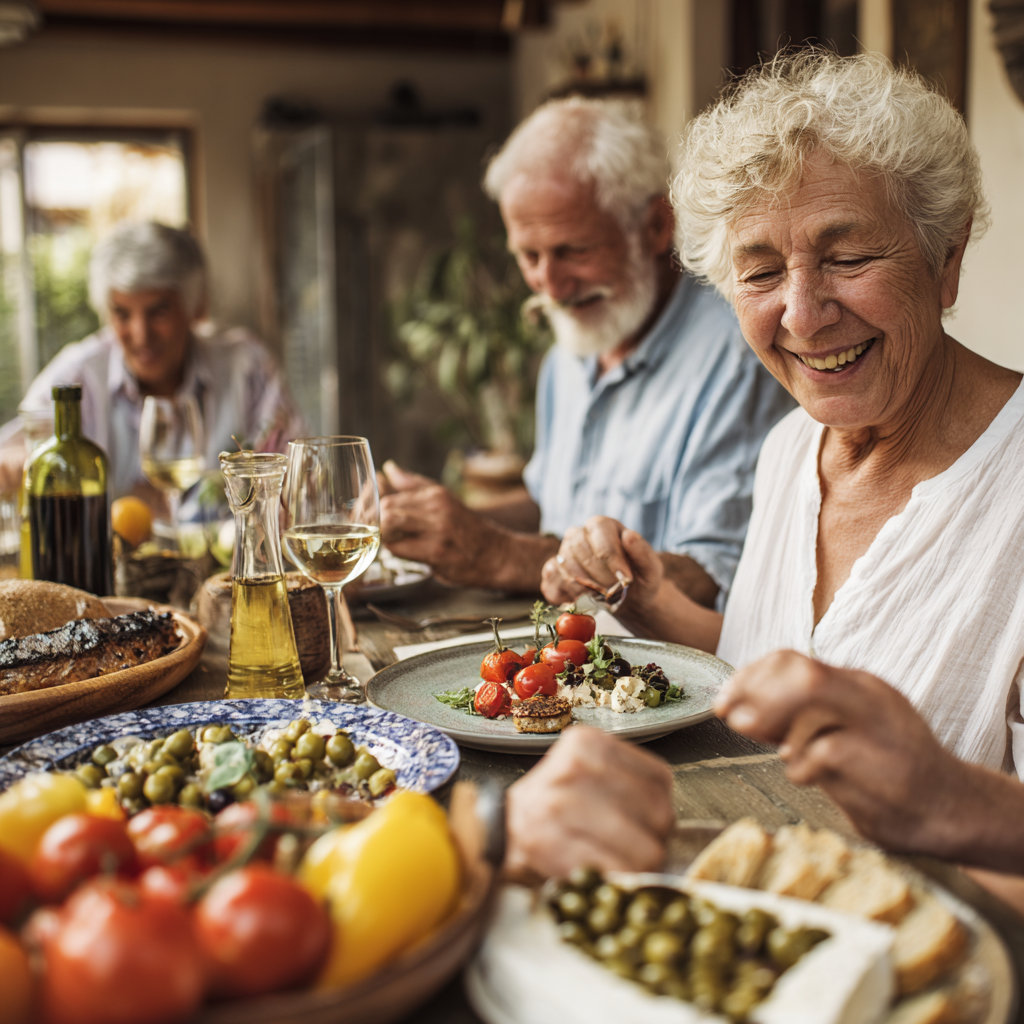 Older adults enjoying nutritious Mediterranean-style lunch together